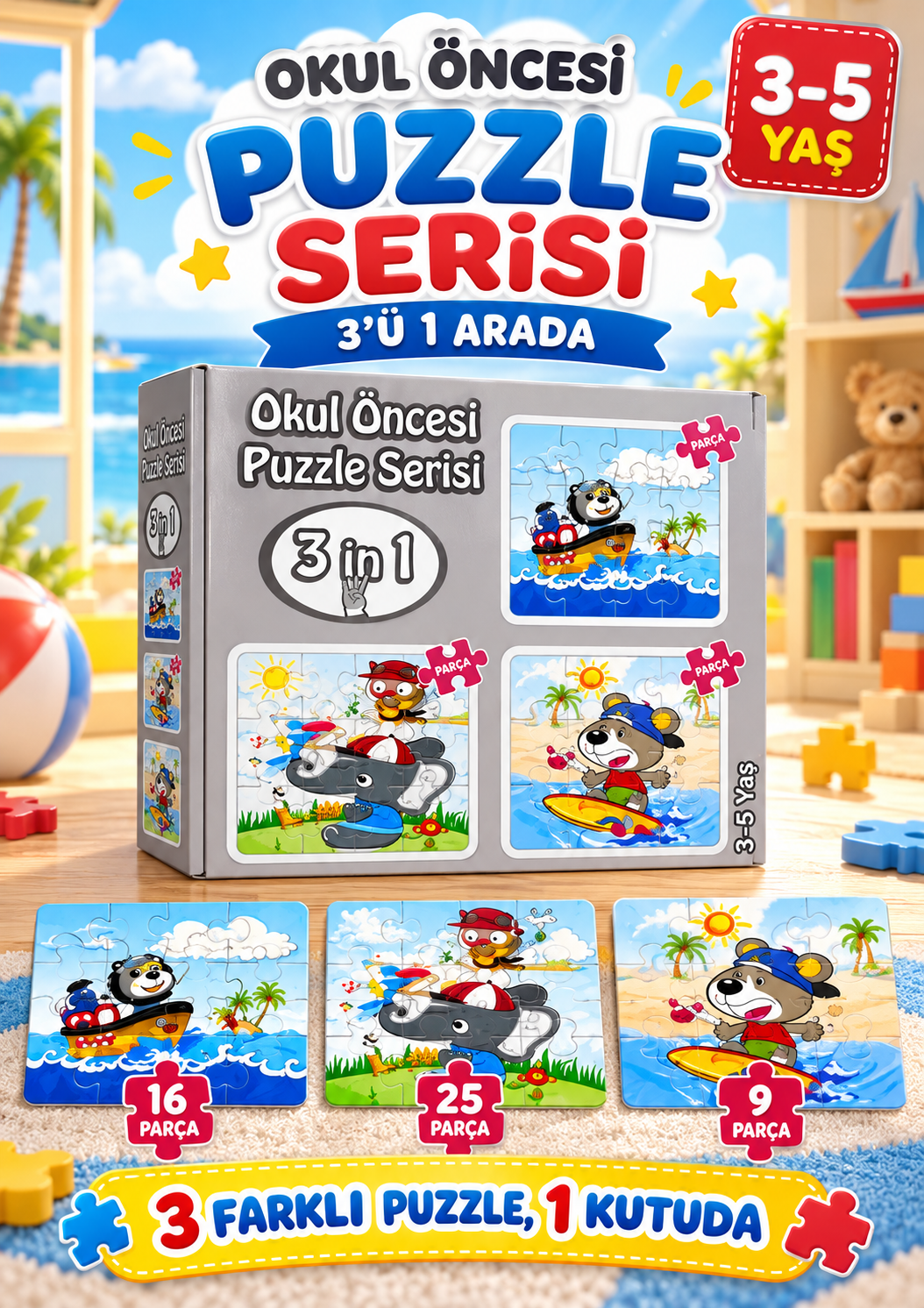Okul Öncesi Yapboz 3 Adet Farklı Tasarım Tek Kutu Gri
